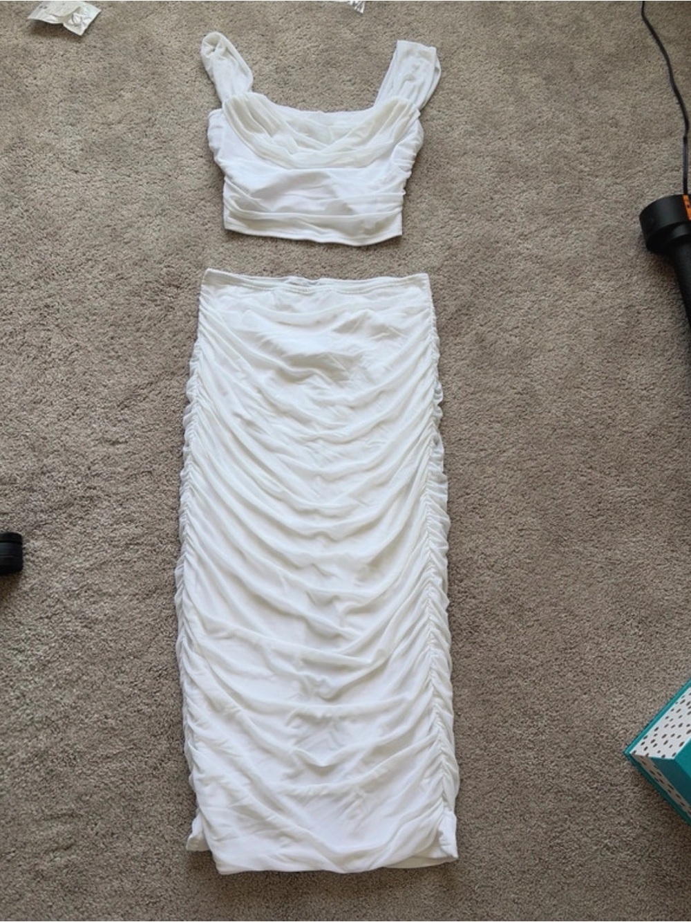 2 Piece White Ruched Maxi Skirt and Top